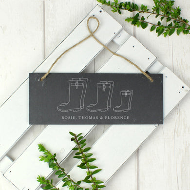 Personalised Welly Boot Family Hanging Slate Sign