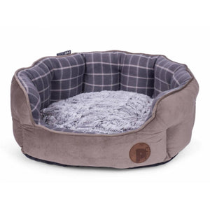 Grey Checked Oval Dog Bed